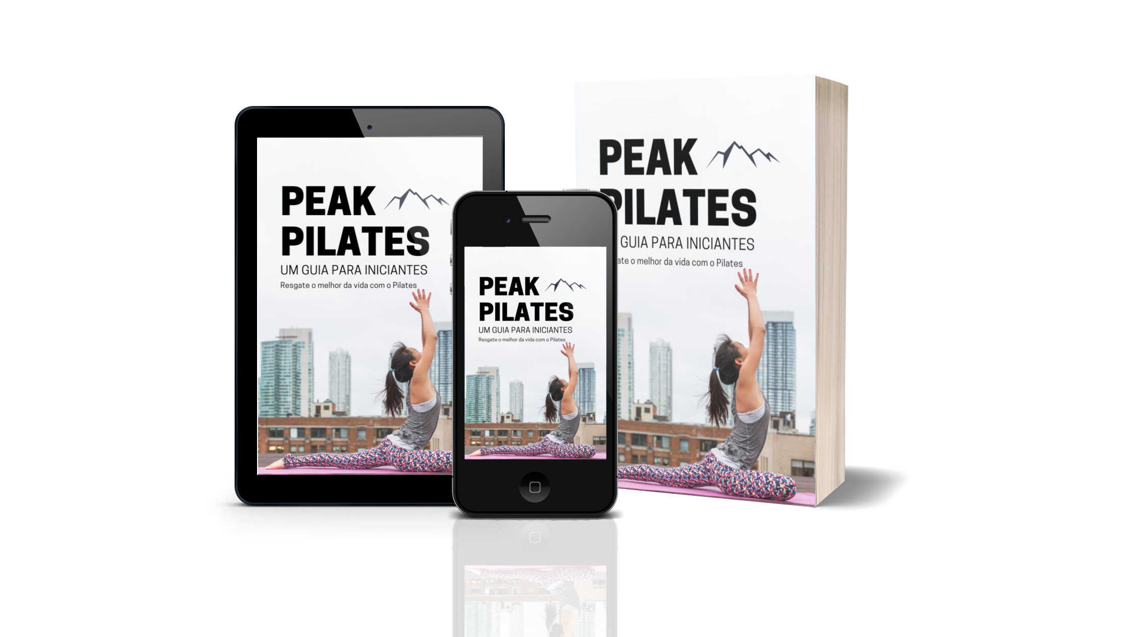 Páginas do ebook Peak Pilates mostrando exercícios detalhados com instruções passo a passo